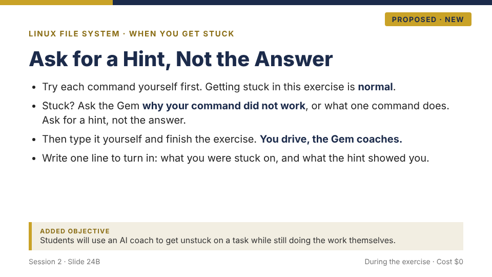 Proposed new slide 24B: Ask for a Hint, Not the Answer. When stuck, ask the Gem why a command did not work or what it does, get a hint not the answer, then finish the exercise yourself and write one line on what the hint showed you.