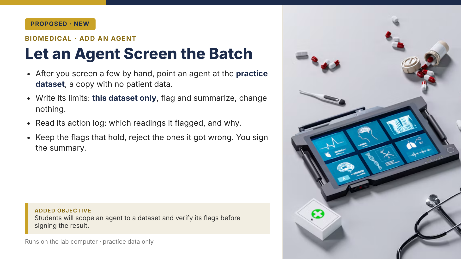 Proposed biomedical slide: Let an Agent Screen the Batch. The student scopes an agent to a practice dataset, reads which readings it flagged and why, and signs the summary after keeping the flags that hold.