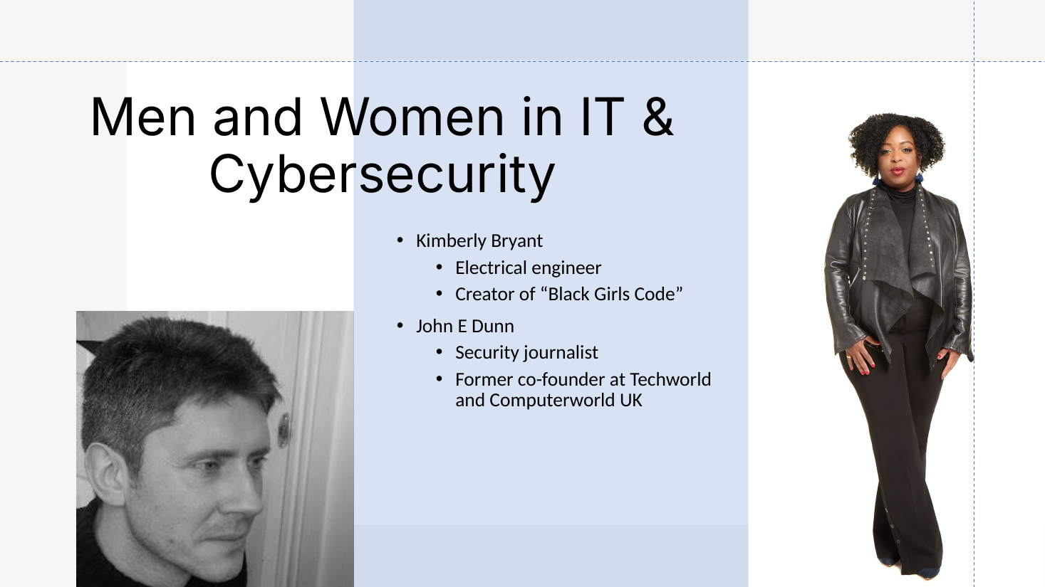 Existing slide 5: Men and Women in IT and Cybersecurity, featuring Kimberly Bryant, creator of Black Girls Code, and security journalist John E Dunn.