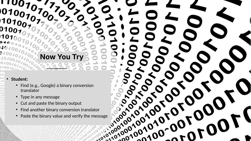 Existing slide 8: Now You Try. Students find a binary conversion translator, encode a message, and verify it with a second translator.